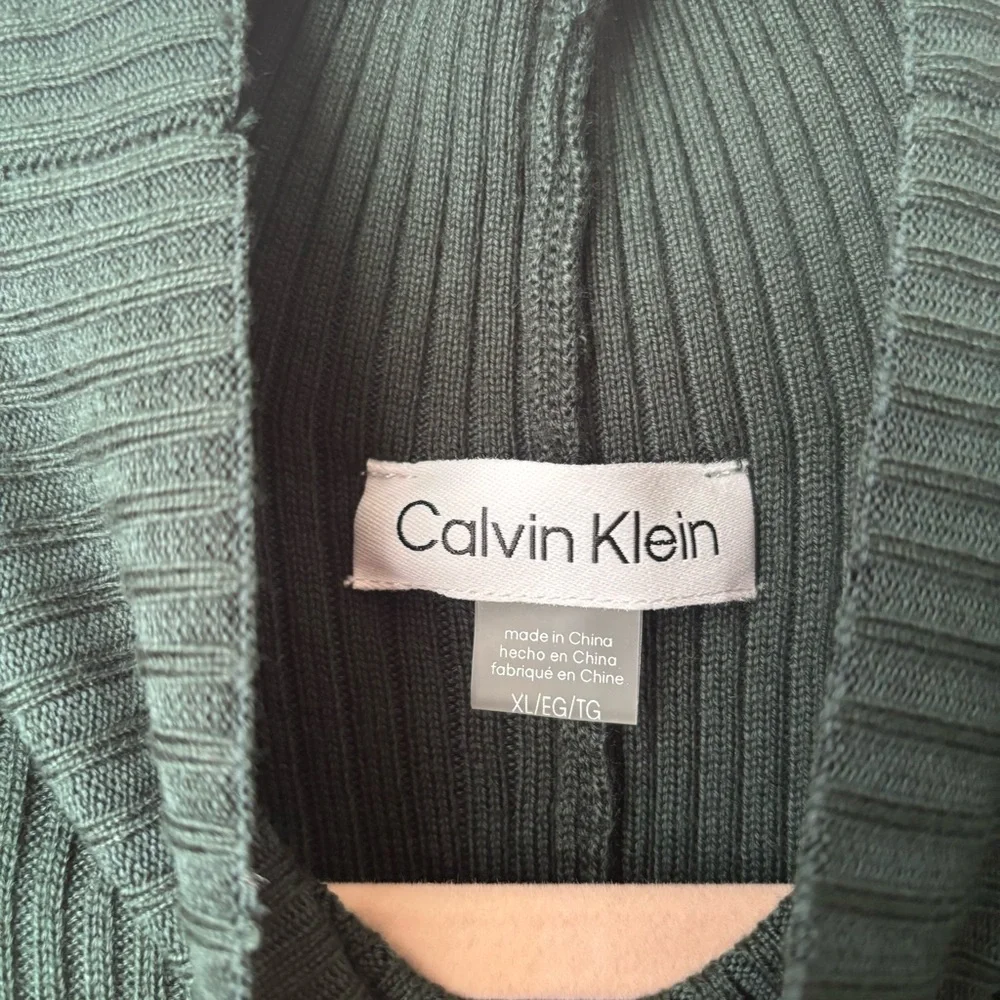 Calvin Klein Forest Green Ribbed Sweater Dress Size XL Mock Neck Tie Waist - Picture 3 of 4